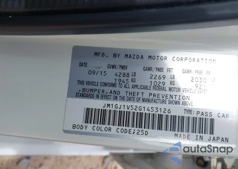 2016 Mazda Mazda6 I Touring z USA, uszkodzony, nr VIN JM1GJ1V52G1453126